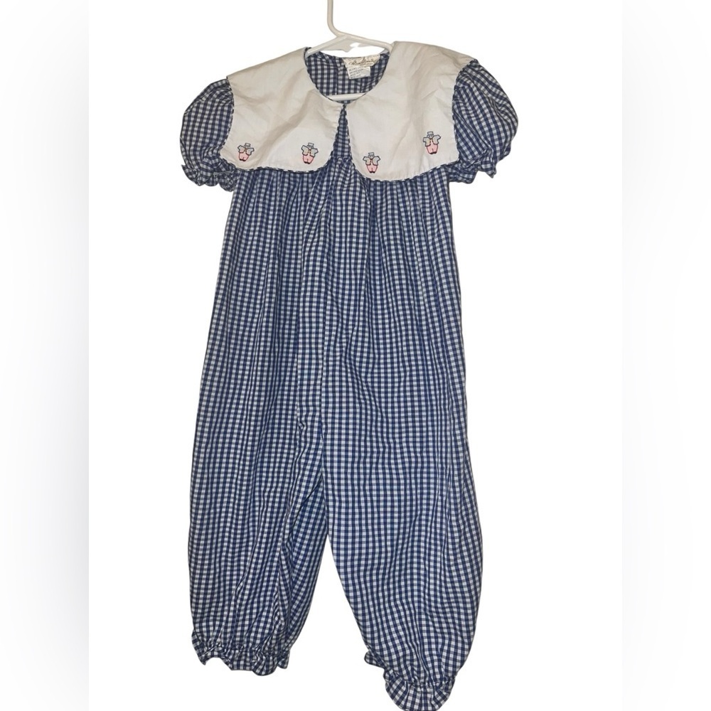 Rosalina Blue Gingham bubble Romper with clown Embroidered Collar 3T